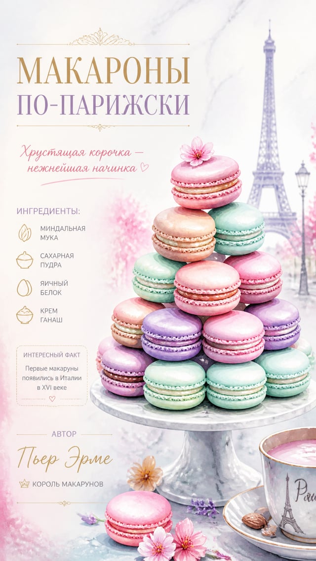 Французские макаруны — акварельная нежная иллюстрация
