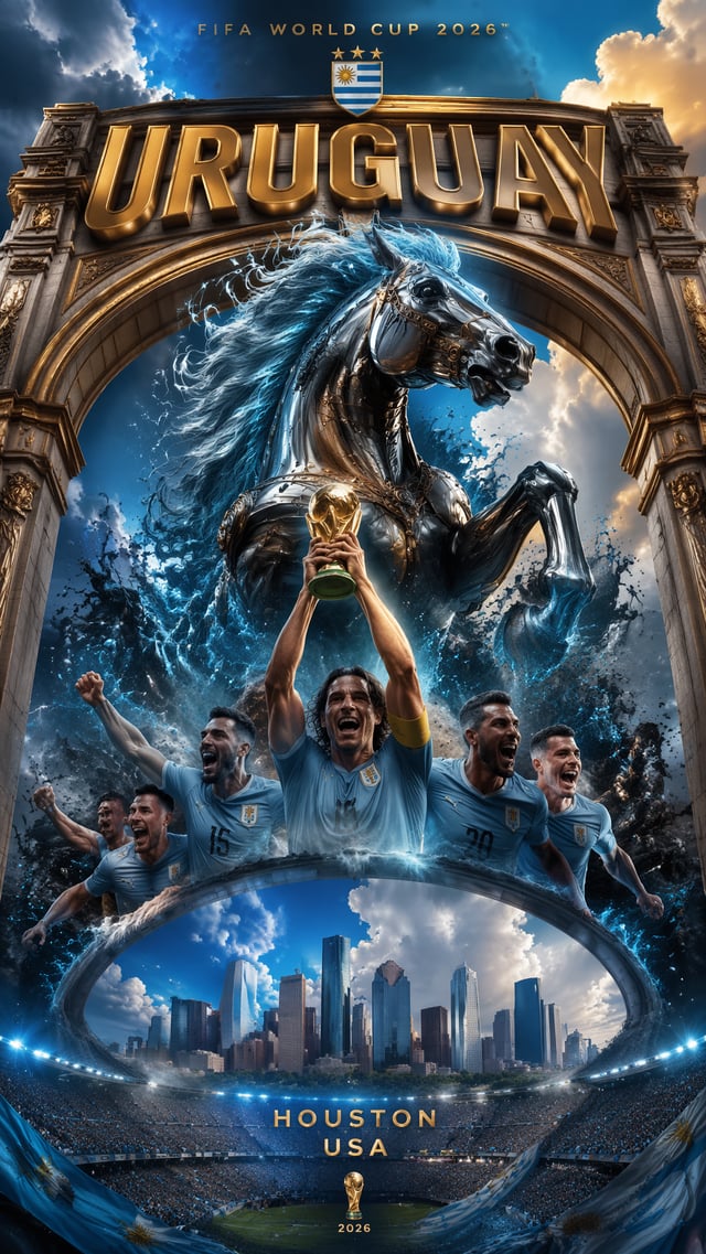 An epic cinematic poster for the 2026 World Cup. Foreground: a giant, ornate, metallic wild Stallion