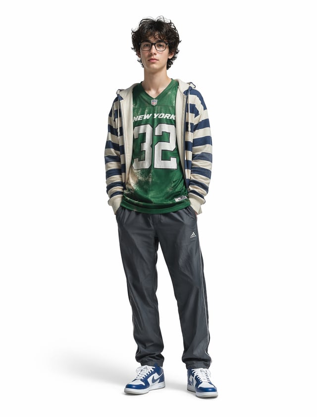 A slender Caucasian teenage boy with messy, fluffy black curly hair and warm brown eyes behind thick