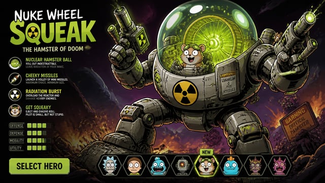 MOBA hero splash art in the style of Rick and Morty adult animated cartoon, tiny hamster pilot chara