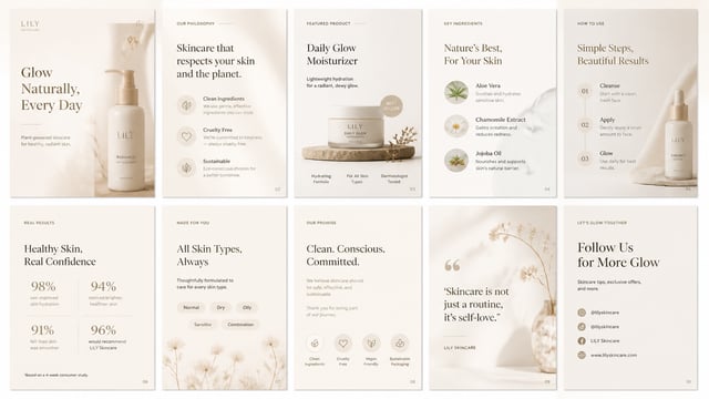 Luxury Instagram carousel template for a skincare brand, soft beige and cream palette, modern typogr
