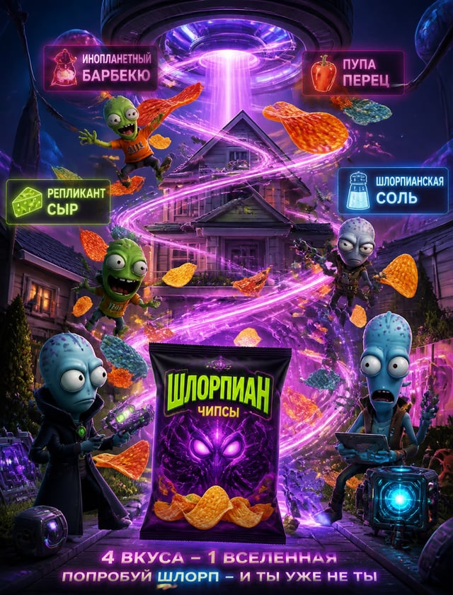 Solar Opposites — бренд «ШЛОРПИАН»Премиальный вертикальный постер чипсов «ШЛОРПИАН» в ярком иноплане