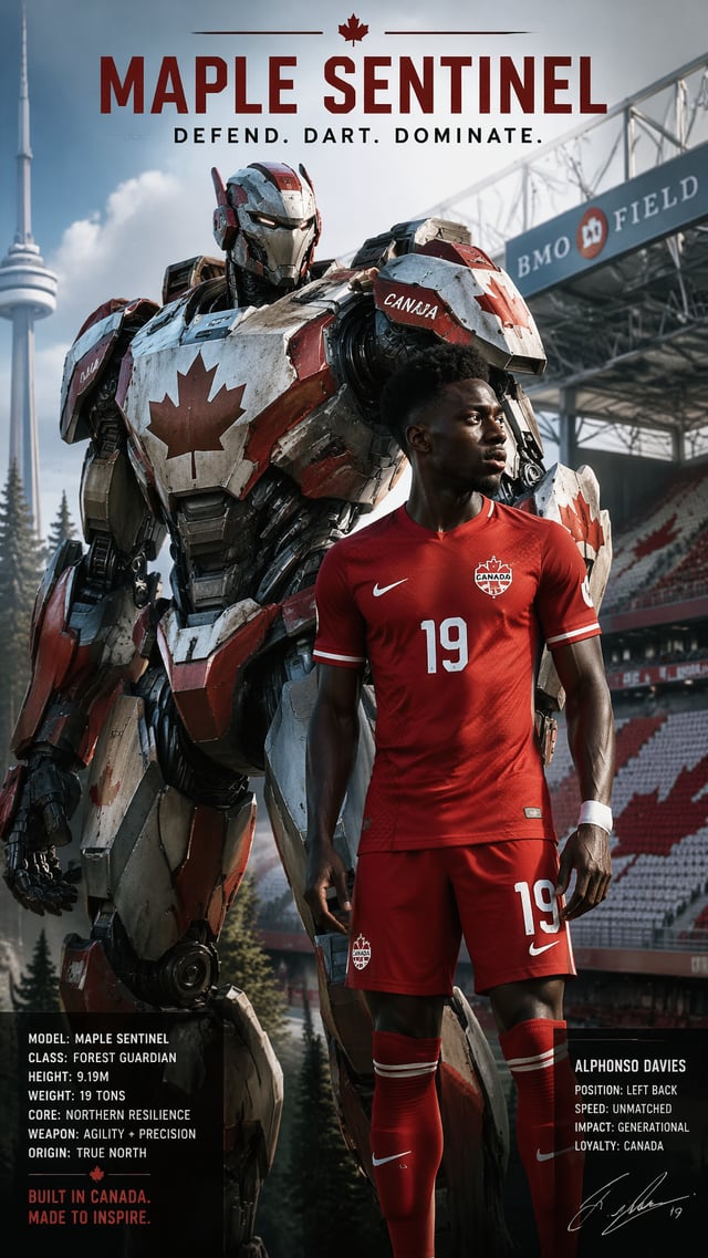 Canada — Alphonso Davies — Maple Sentinel “9:16 poster of ‘Maple Sentinel’, nimble forest‑themed mec