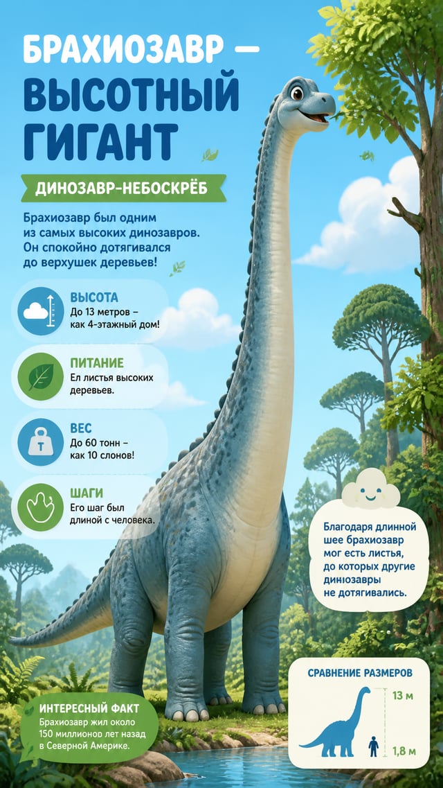 Брахиозавр — Высотный гигантИнфографика «Динозавр-небоскрёб». Милый брахиозавр тянется к верхушкам д