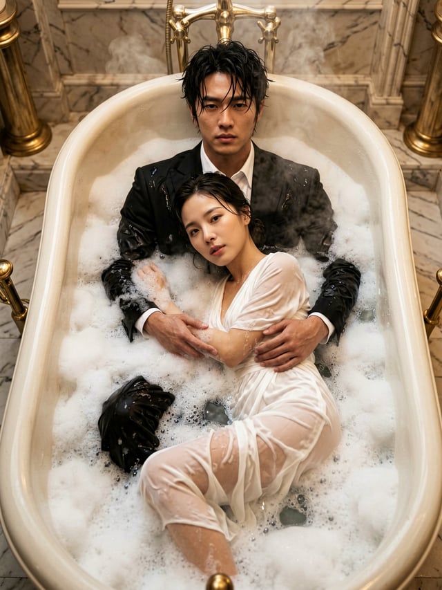 A hyper-realistic, cinematic top-down shot of a couple relaxing in a luxurious vintage bathtub fille