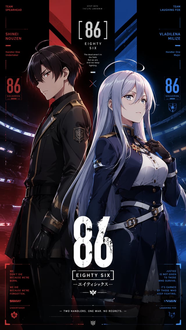 Poster 9: 16 dari Anime Eighty Six, shinei Nouzen dan Vladilena Milize dalam estetika Baju Militer y
