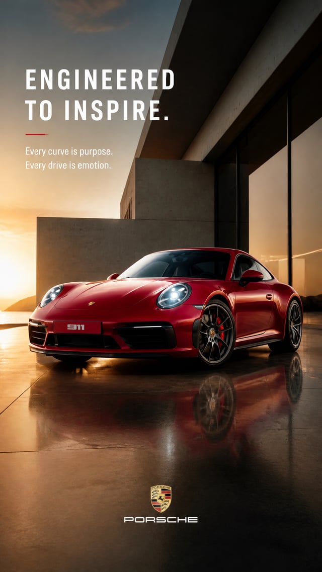A premium luxury automotive advertising poster in a vertical 9:16 format featuring a Porsche 911 in 