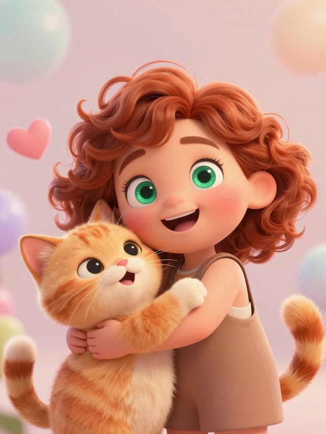 Adorable Pixar-style 3D character illustration of a curly ginger-haired little girl with big sparkli