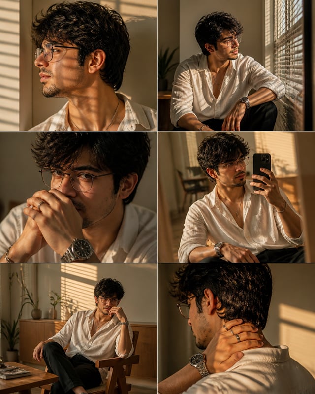 Ultra realistic luxury men's fashion editorial collage featuring the same handsome young man in six 