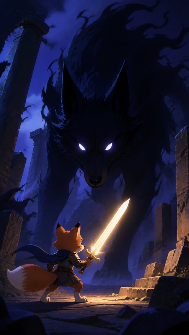 A small fox in armor faces an enormous shadow wolf made of darkness, glowing sword, ancient ruins, D