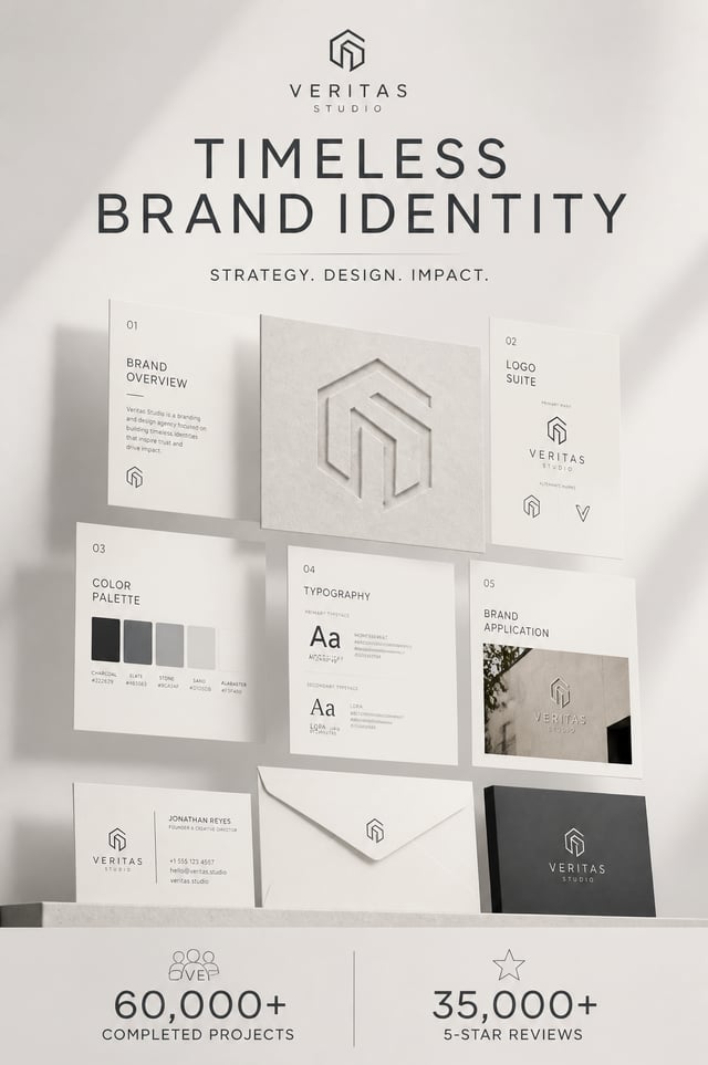 A sleek, minimalist vertical editorial visual advertisement for brand identity architecture. The cen