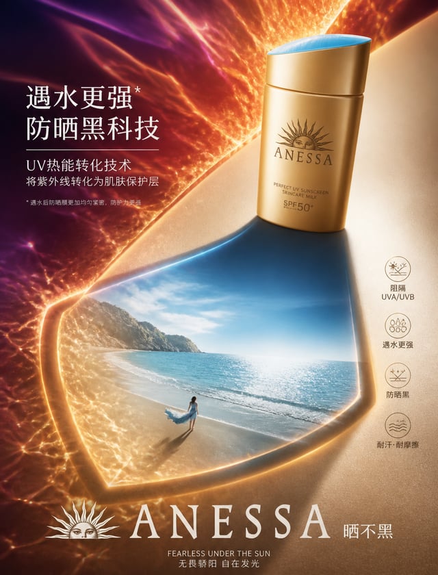为 安热沙 打造一张高端产品广告海报，主体为 金瓶防晒乳。以产品的影子作为核心叙事载体。产品本身必须保持锐利、精准、可辨识、高端感，并在视觉上占据绝对主导地位。将其置于戏剧性可控光源之下，使其影子转化