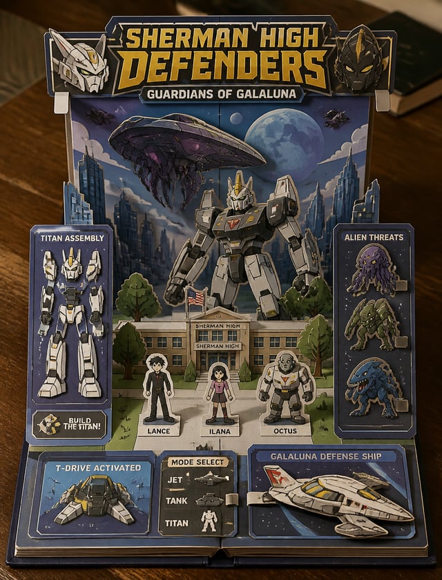 Create a Sym-Bionic Titan-themed 3D pop-up papercraft storybook diorama on rustic table, elevated vi
