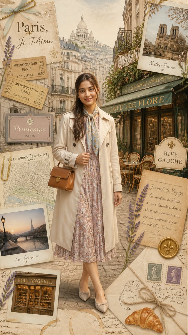 Create a highly detailed cinematic travel scrapbook composition using ONLY the uploaded reference ph