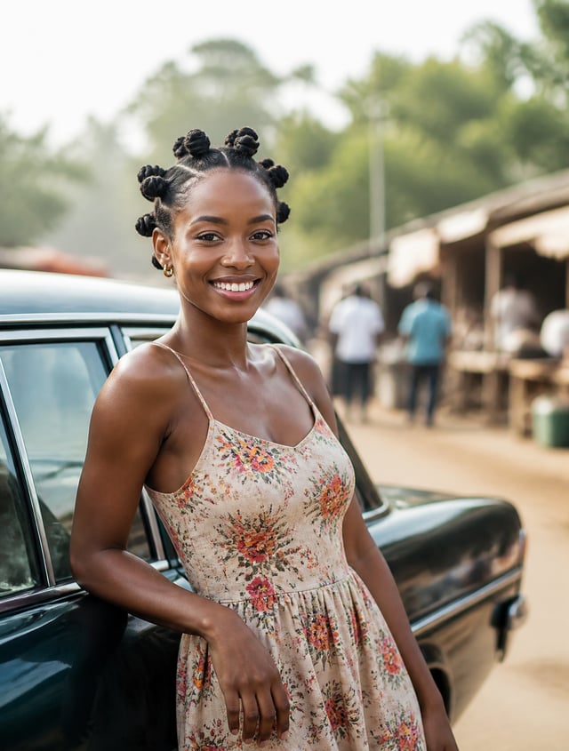 A young woman with intricately styled Bantu knots smiles radiantly, positioned in the foreground bes