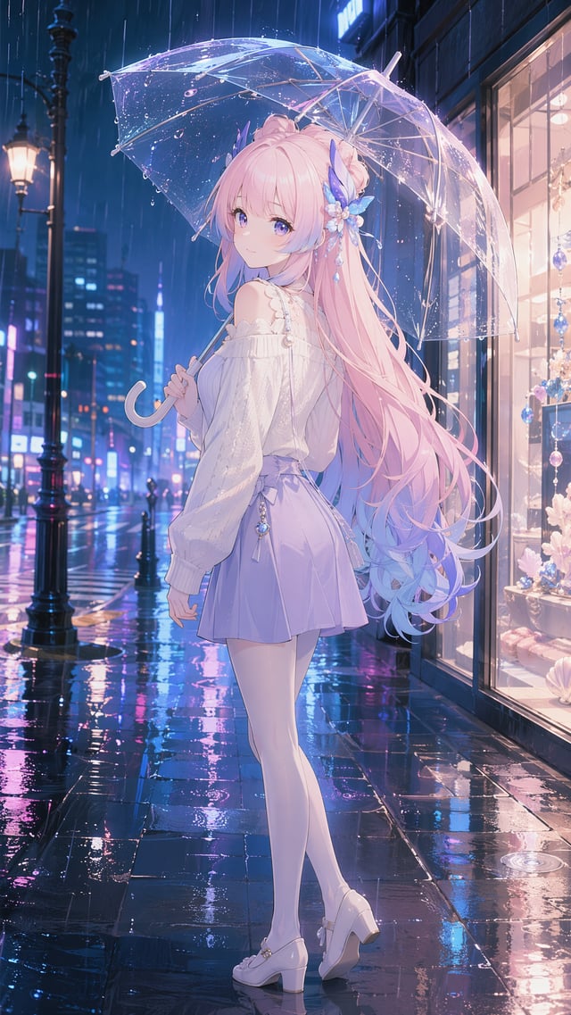 ### 珊瑚宫心海二创｜雨夜城市街角用途：手机壁纸 / 锁屏 / 桌面正向提示词：请使用输入参考图作为角色身份参考。重点参考参考图中珊瑚宫心海的头部特征、发型轮廓、刘海形状、两侧长鬓发、浅蓝色侧发束、