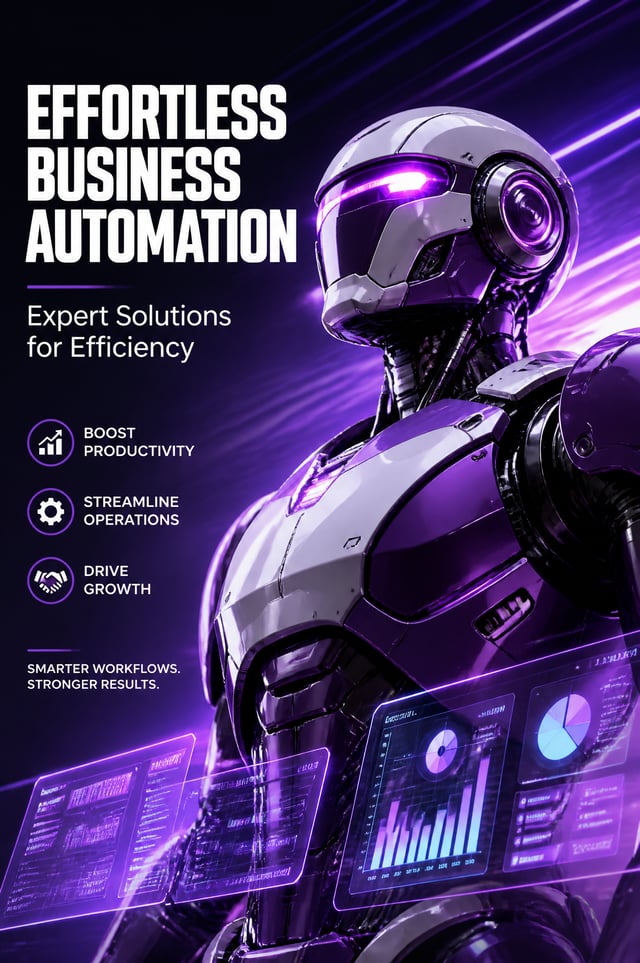 Cinematic, high-tech promotional image featuring a sleek, modern humanoid robot in purple and white 