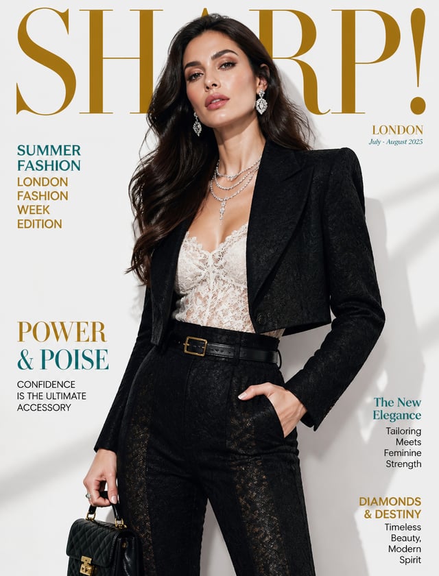 Create an ultra-realistic luxury fashion magazine cover featuring an elegant adult American woman po