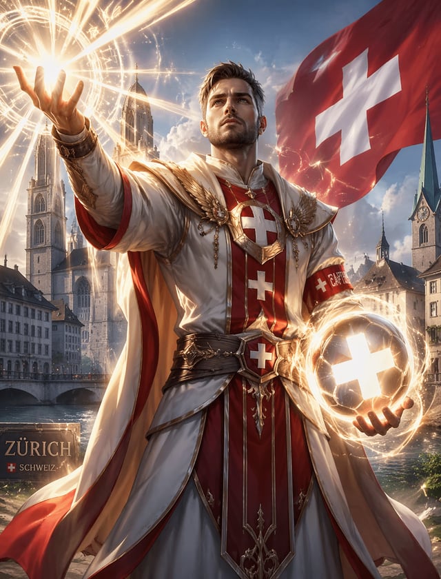 Switzerland WoW Holy PriestКапитан Швейцарии как жрец WoW, бело‑красные святые лучи, Цюрих и флаг Шв
