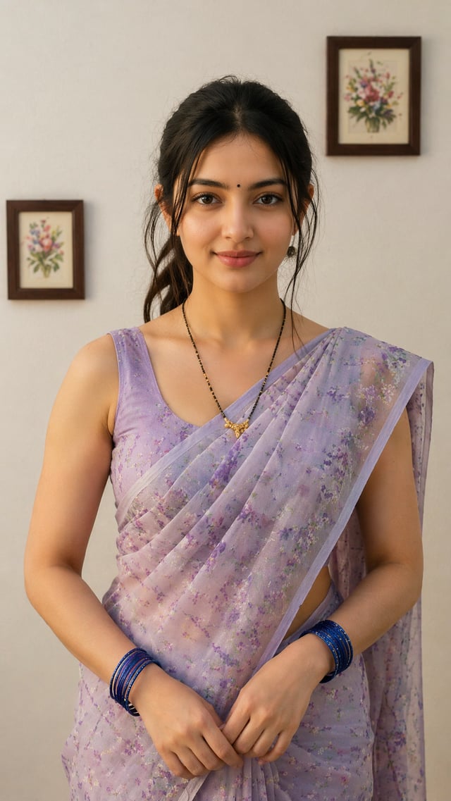 A portrait of a smiling young Indian woman in a light purple floral saree and matching sleeveless bl
