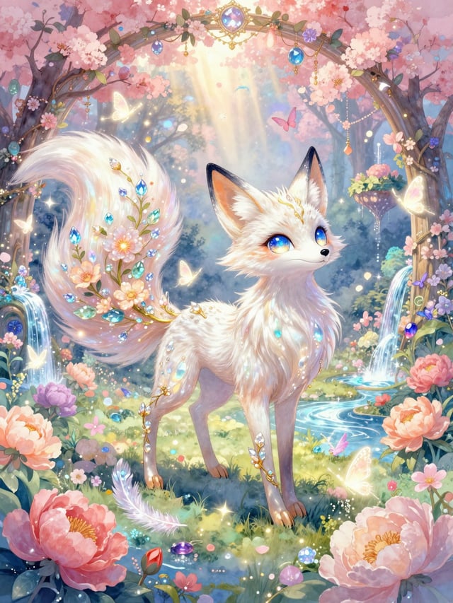 A breathtaking fantasy creature called the Bloomtail Lumifox, a completely original magical fox-like