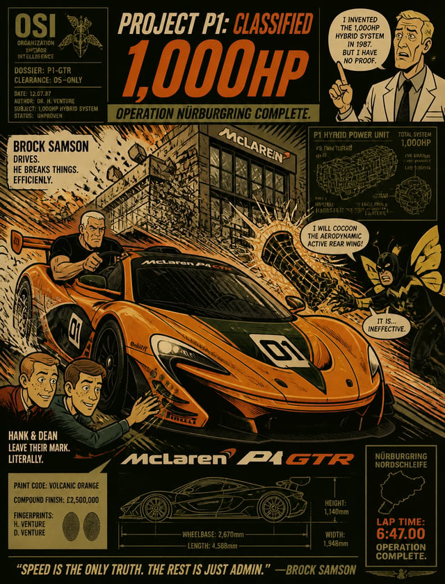 Create a retro-futurist premium automotive poster of McLaren P1 GTR 