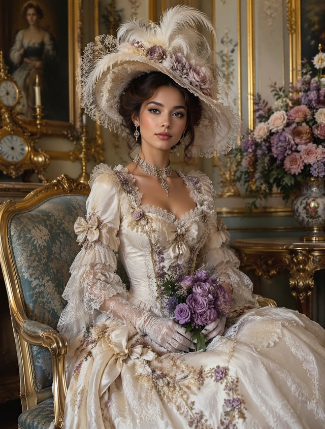 A slim woman dressed in an elaborate, regal costume is seated in what appears to be a opulent, class