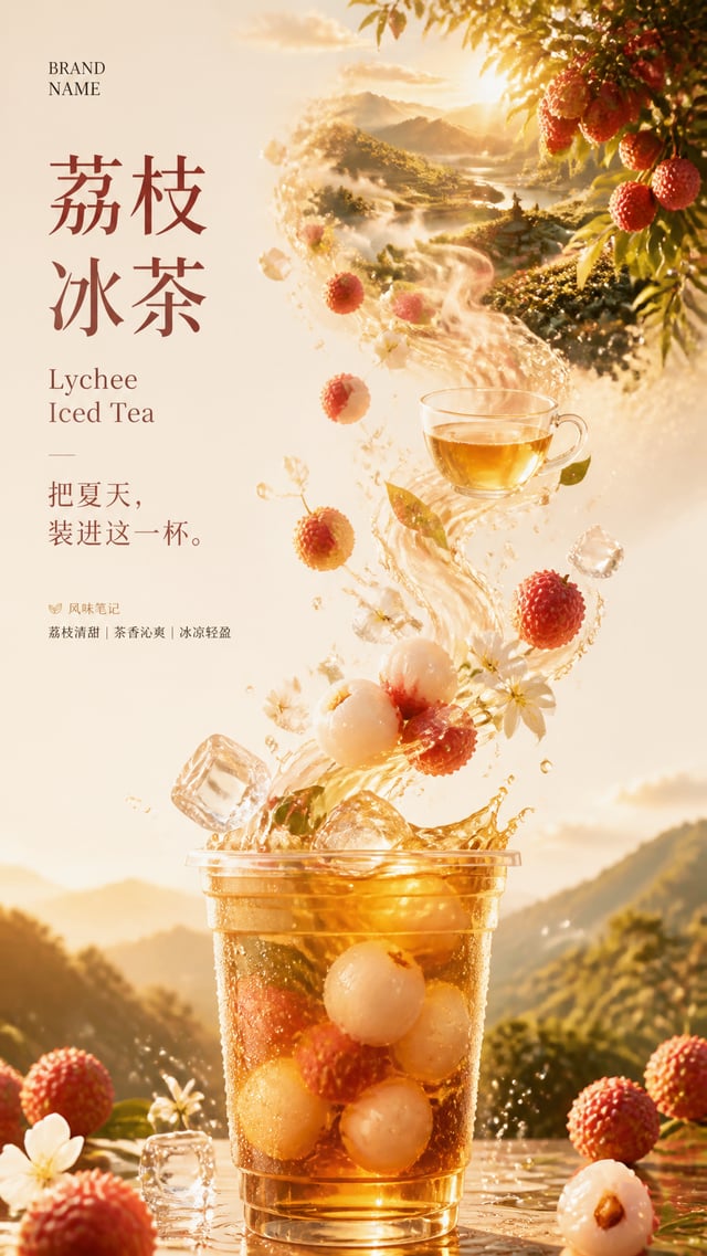 制作一张国际品牌级商业饮品广告海报，主题《荔枝冰茶》，高端品牌KV视觉，现代极简商业摄影风格，Apple官网广告美学，高级杂志Editorial Design，Premium Beverage Adv