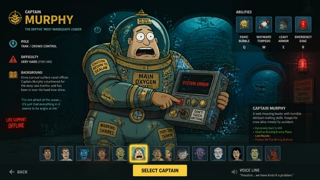 MOBA hero splash art in the style of Sealab 2021 adult swim cartoon, incompetent underwater submarin