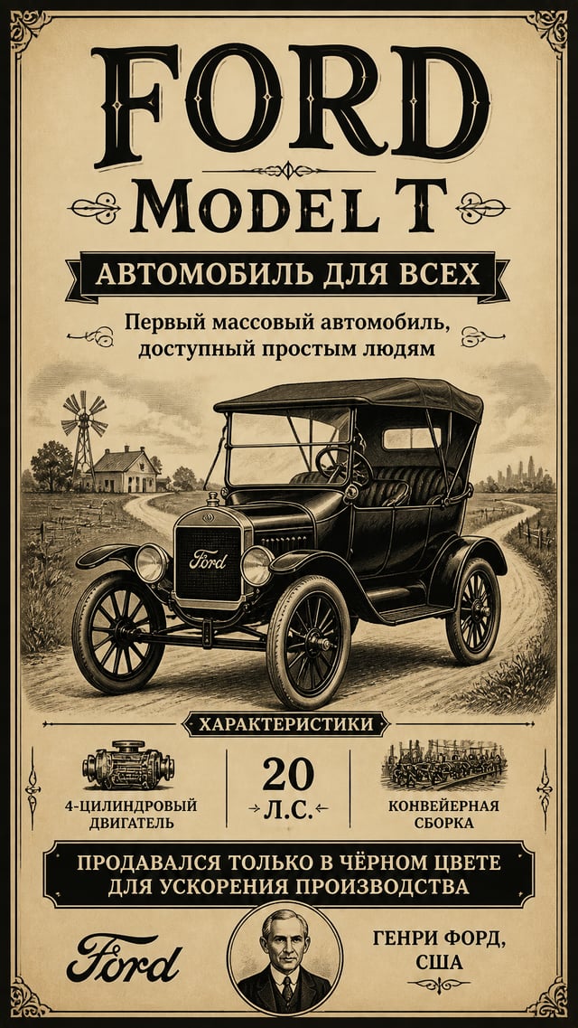 Форд Модель Т (1908) — винтажный рекламный плакат начала XX века
