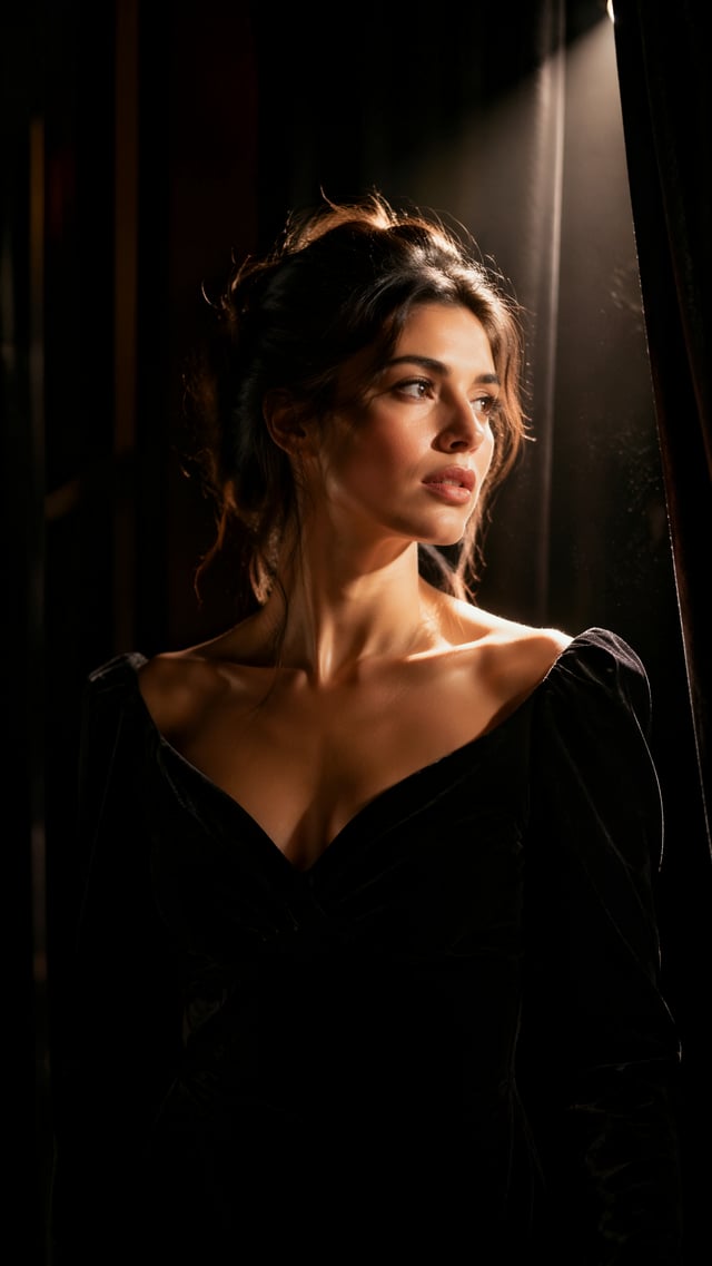 Ultra-realistic portrait of a woman (from uploaded image), hair pinned up loosely with a few strands