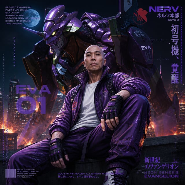 Hyper-realistic anime of the character in reference image 1, full-body fashion editorial, sitting ca
