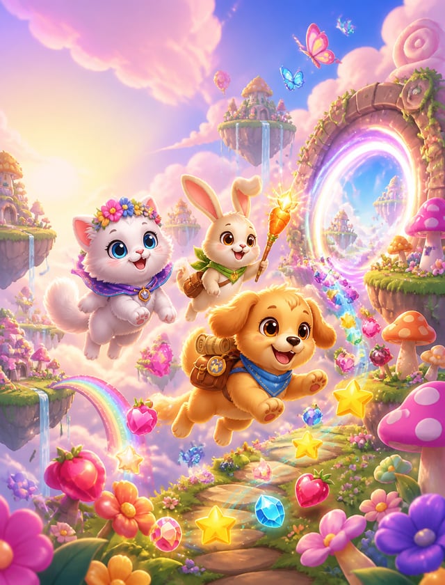 Lily's World promotional game artwork, ultra-cute fantasy adventure, vibrant mobile game splash scre