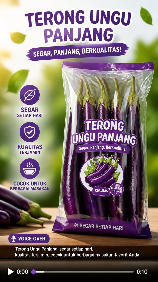 Buat video iklan untuk produk Terong Ungu Panjang sesuai storyboard yang telah dibuat, lengkap denga
