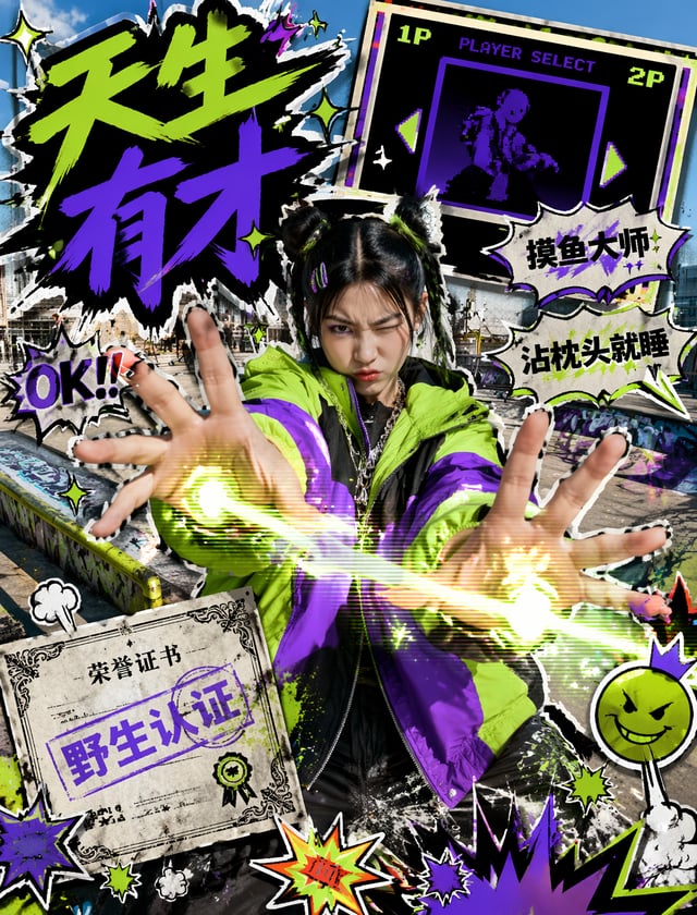 将“Y2K街头贴纸拼贴风格（Y2K Streetwear Sticker Collage Style）”作为锁定视觉风格。创建 16:9 的图像。主体：一个眼神叛逆、双手向前做出“发射超能力光波”搞怪