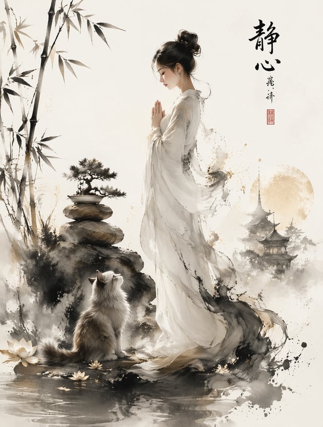 这幅杰作是一幅超精细的禅意水墨画，采用极简主义的白色背景，营造出宁静的冥想氛围，充满东洋风格的优雅气质。黑色的墨迹流畅地流淌，融入了烟雾与水彩的质感；柔和的金色余晖、精致的笔触、富有表现力的书法风格、
