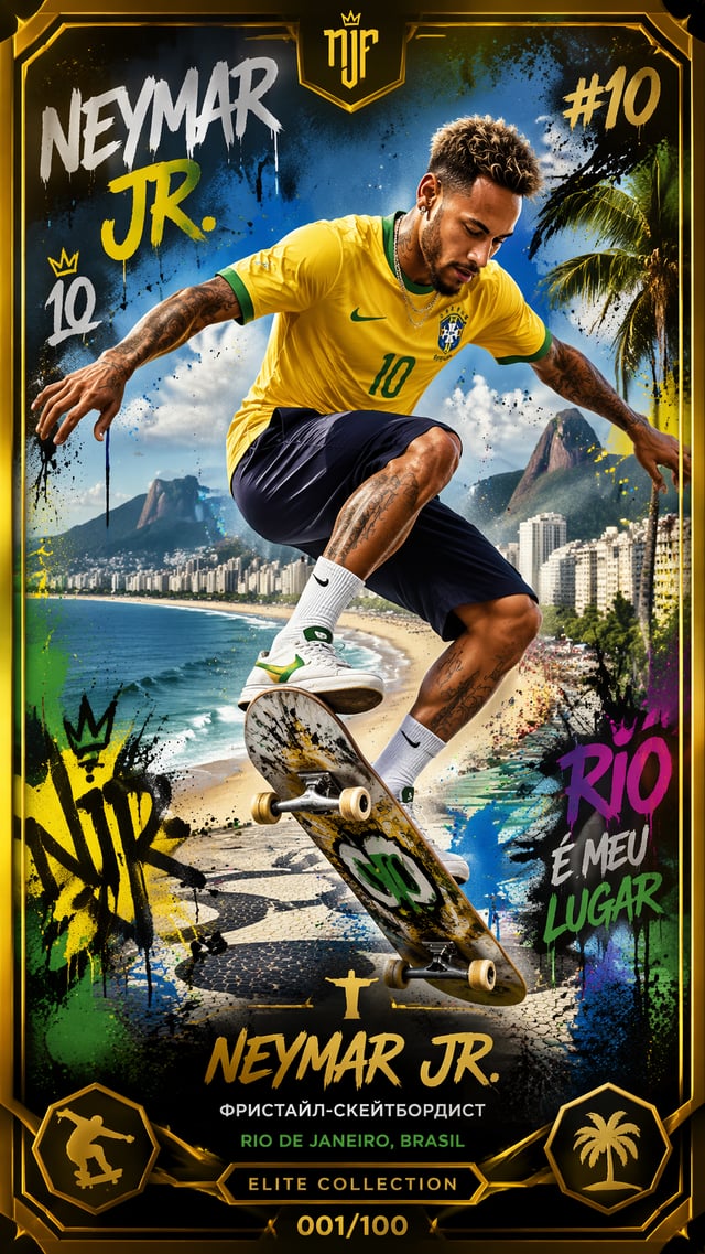 Neymar Jr. — Фристайл‑скейтбордист «Элитная коллекционная карточка 9:16, Neymar Jr. выполняет трюк н