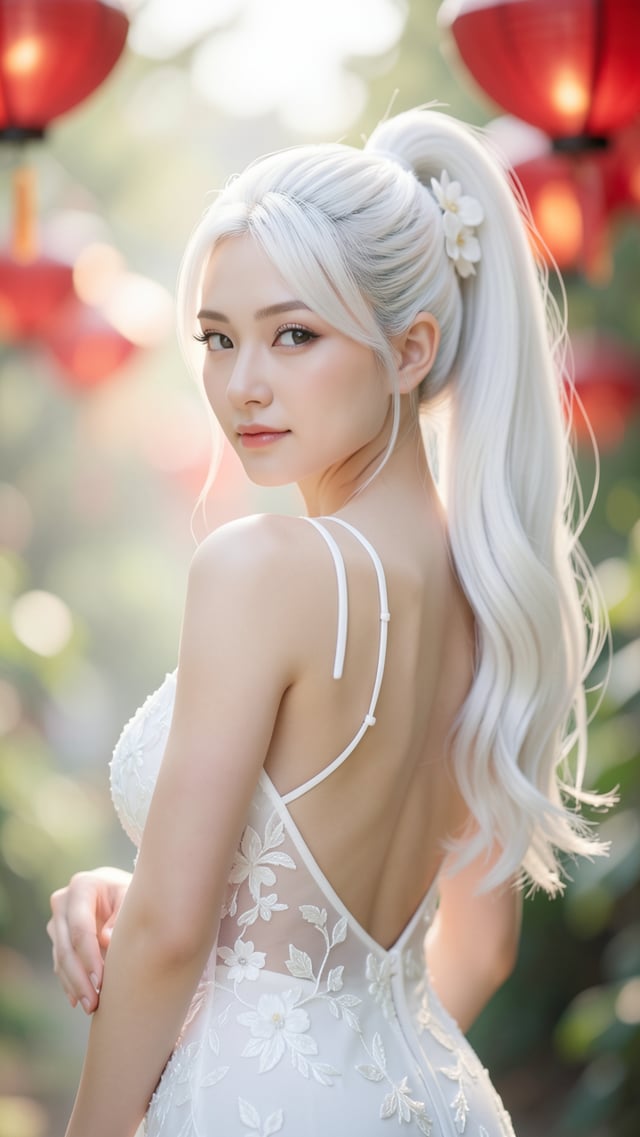 A youthful woman with voluminous, platinum-white hair styled in a high ponytail turns back to face t
