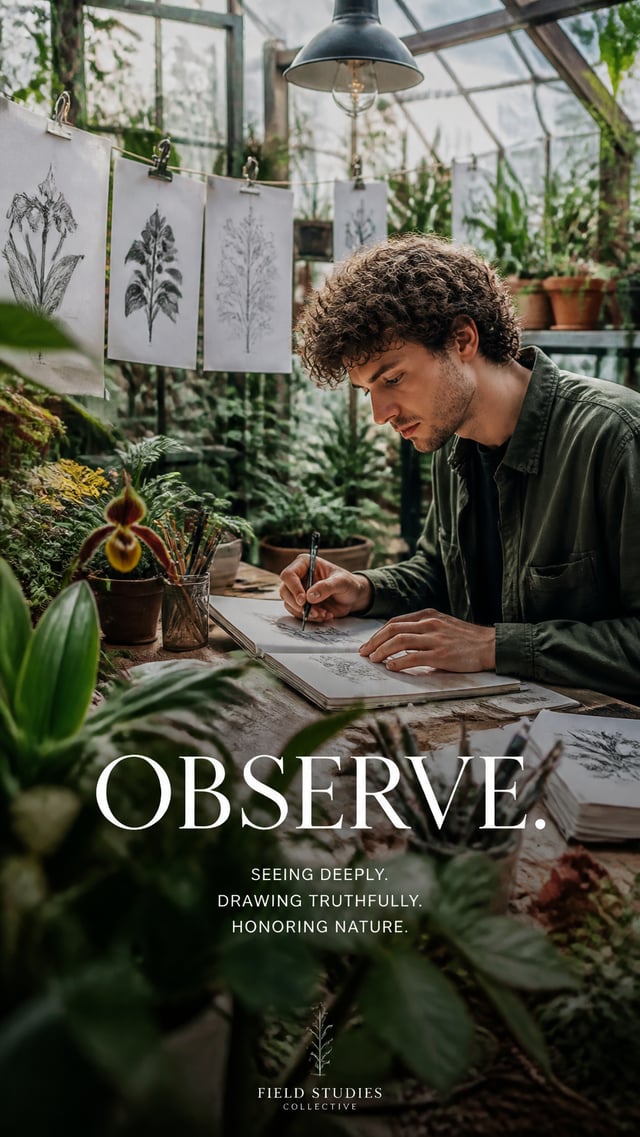 Premium editorial campaign. Main Subject: Young botanical illustrator man inside a bright greenhouse
