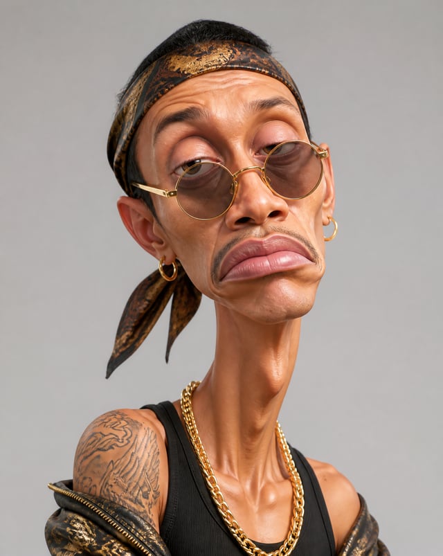 Create an exaggerated stylized 3D caricature character portrait with strong intentional deformation 
