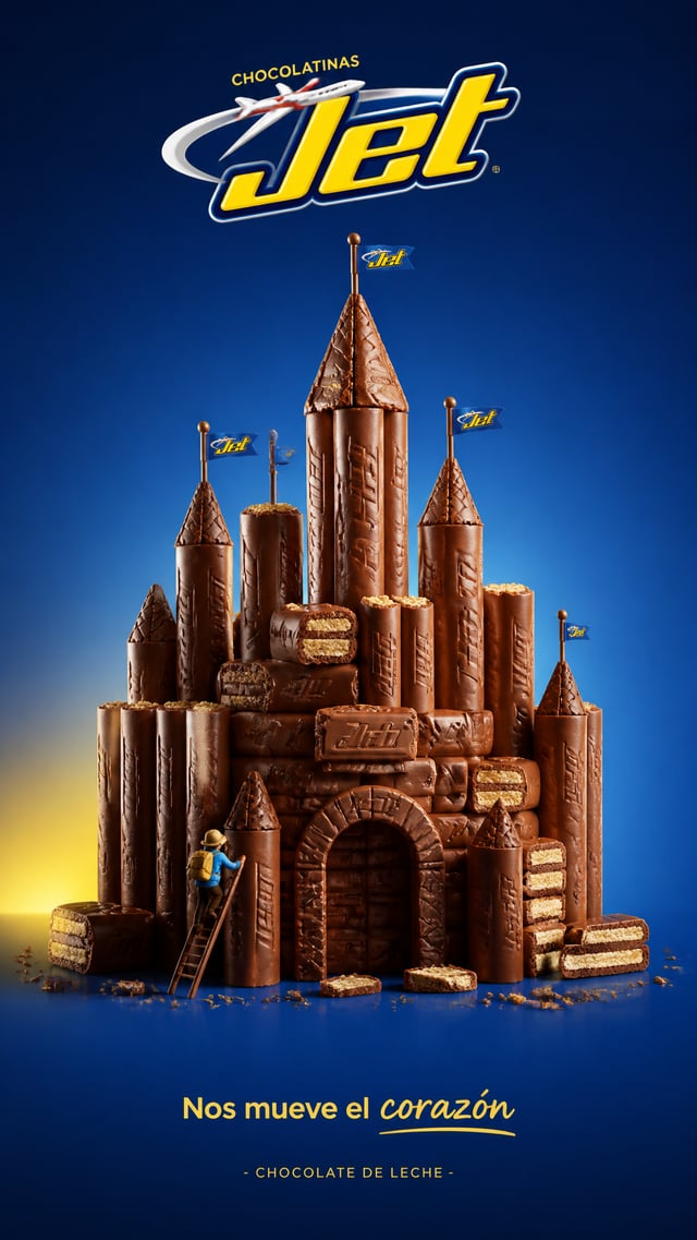 # Diseña un póster publicitario 3D minimalista y de lujo para las Chocolatinas Jet.El elemento centr