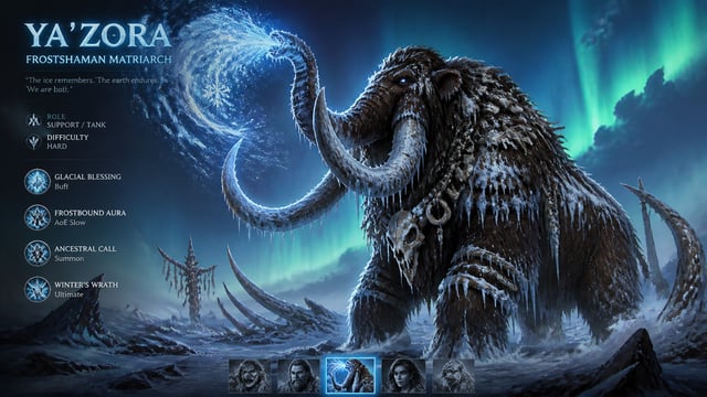 MOBA hero splash art in the style of Primal animated series, massive prehistoric mammoth shaman moth