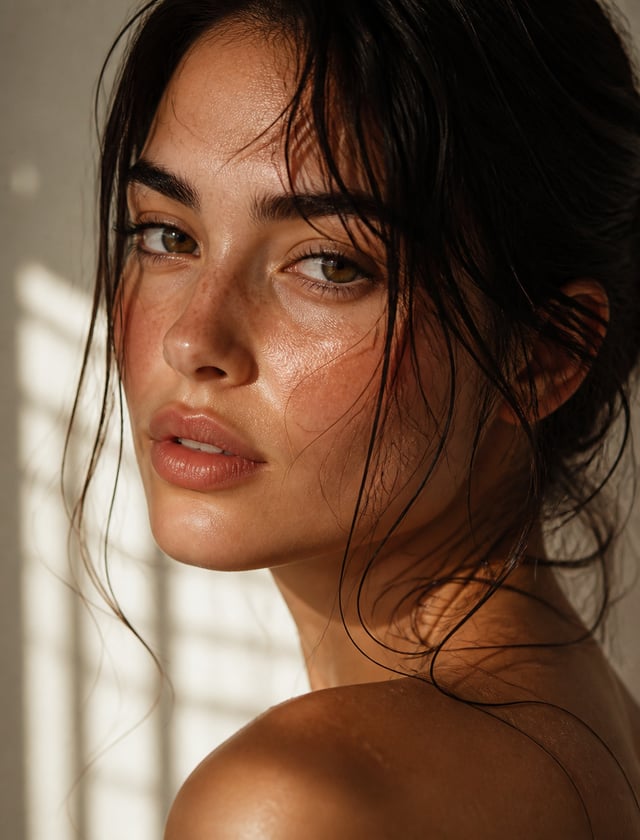 Cinematic beauty close-up portrait of a graceful woman with luminous dewy skin, delicate freckles an