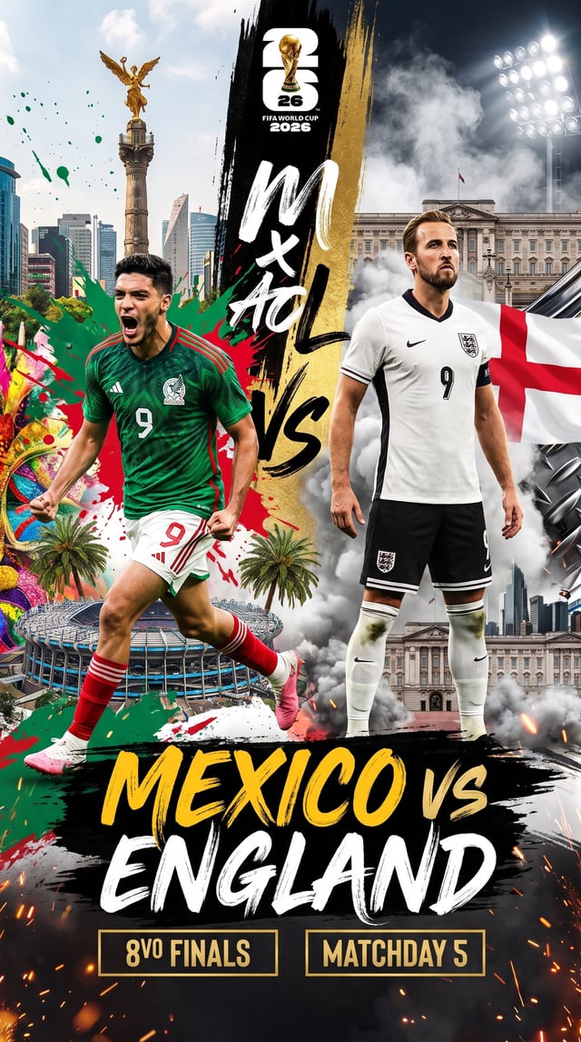 Ultra-detailed cinematic FIFA World Cup 2026 match poster, legendary clash between Mexico and Englan