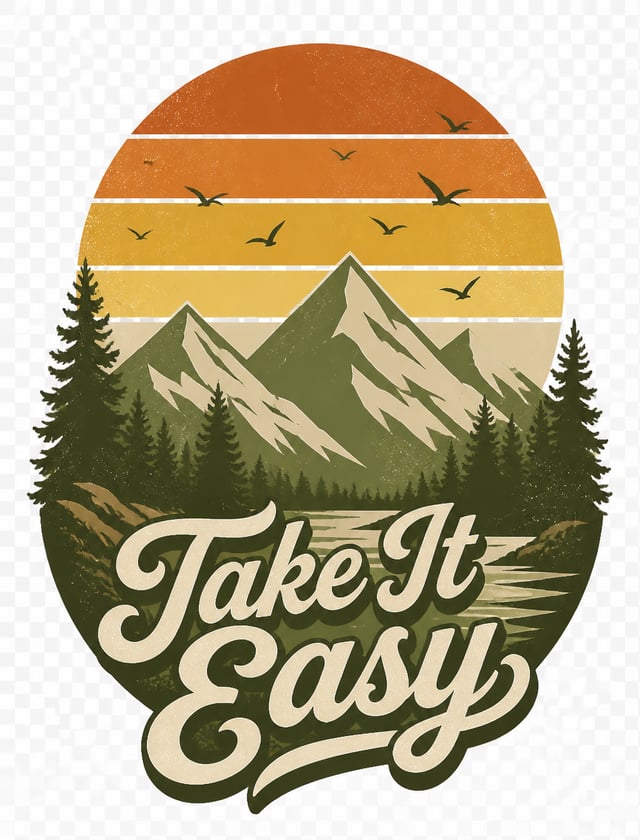 Minimal retro landscape with geometric mountains, oversized striped sunset, flying birds, pine fores