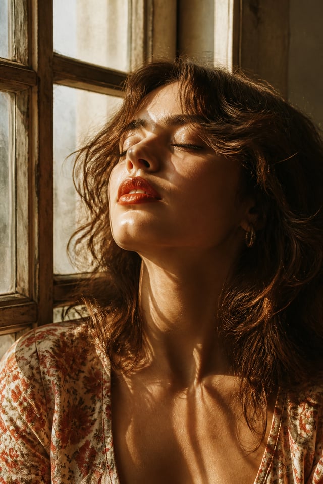 Vertical vintage film close-up portrait, young woman by old wooden window, fluffy brown wavy hair, e