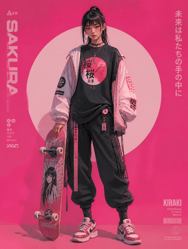 High-quality cyberpunk anime fashion illustration, resembling a luxury Japanese streetwear poster. T