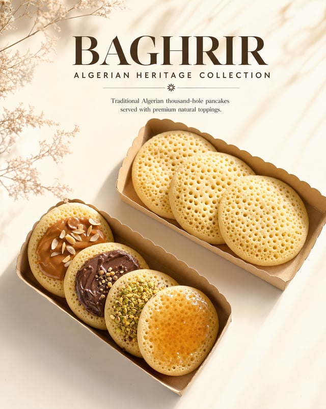 Create an ultra-premium editorial food advertising poster featuring authentic Algerian Baghrir (Thou