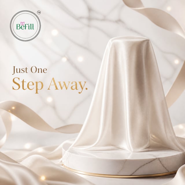 Create an elegant luxury teaser image for BeFill skincare. Square layout. Place BeFill logo on top-l