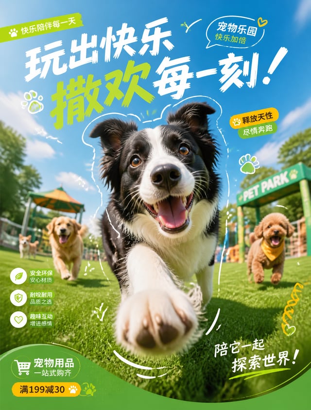 电商海报设计，宠物用品海报。一只边牧开心的跑过来，鱼眼镜头，前脚放大，地面仰拍视角，趣味线条描边装饰。绿草地，背景是宠物乐园，几只狗狗在玩耍，欢快的氛围。背景虚化。，。海报整体绿色和蓝色为主，点缀少量
